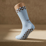Eco Bamboo Pilates Grip Socks - Chocolate Block on Baby Blue