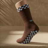 Eco Bamboo Pilates Grip Socks - Baby Blue Block On Chocolate